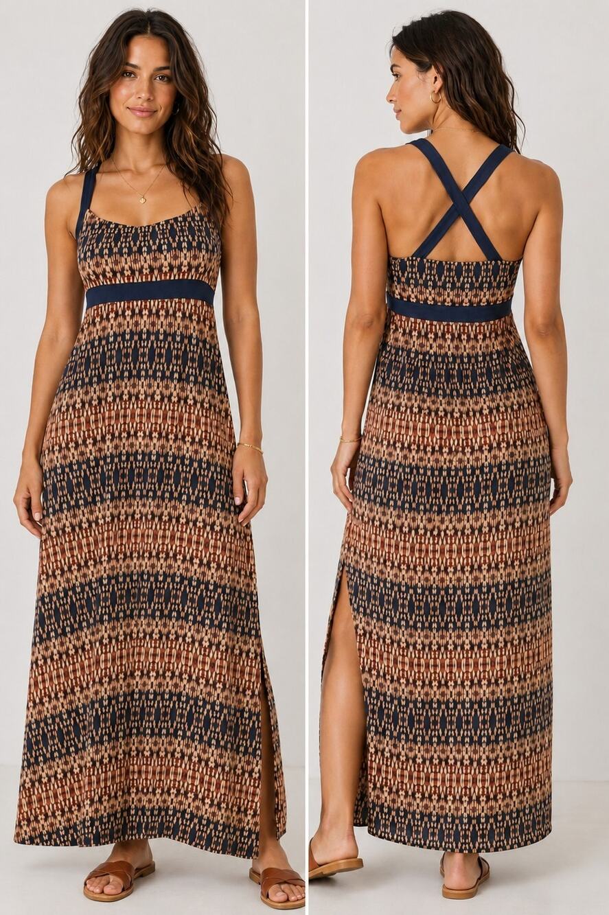 Eddie Bauer Maxi Dress Blue Brown Side Slit Boho Travel Resort Size Large Earthy